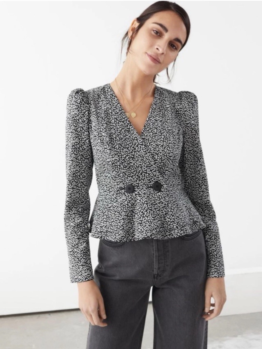 & Other Stories Long Sleeve Peplum Sprinkle Print Puff Sleeve Top In Black Sz 6